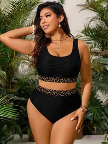 SHEIN Swim Curve 大尺碼女款黑色豹紋方領拼接高腰兩件式泳衣套裝，夏季穿搭，性感優雅海灘派對度假風 - 黑色 - 查看 6