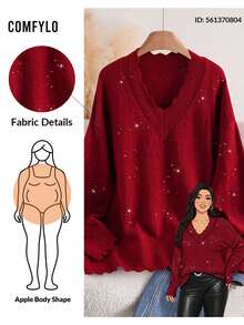 SHEIN LUNE Plus Size Fall/ Casual Romantic Matching Sequin Decorated Sweater Clothes Cute Tops Christmas Festival Party Family Red Sequin - Red - View 6