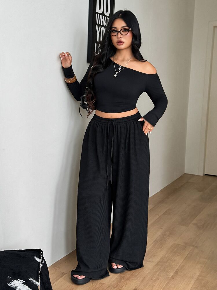 Coolane Women's Plus Size Summer Fall Vacation Elegant Formal Casual Boho Drawstring Waist Loose High-Waist Chocolate Black Pants Halloween - Black - View 4