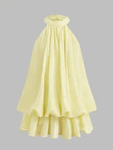 Firerie Kids Firerie Kids Tween Girl Solid Color Pleated Halter Neck Fashion Vacation Travel Dress - Yellow - View 4