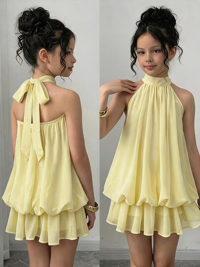 Firerie Kids Firerie Kids Tween Girl Solid Color Pleated Halter Neck Fashion Vacation Travel Dress