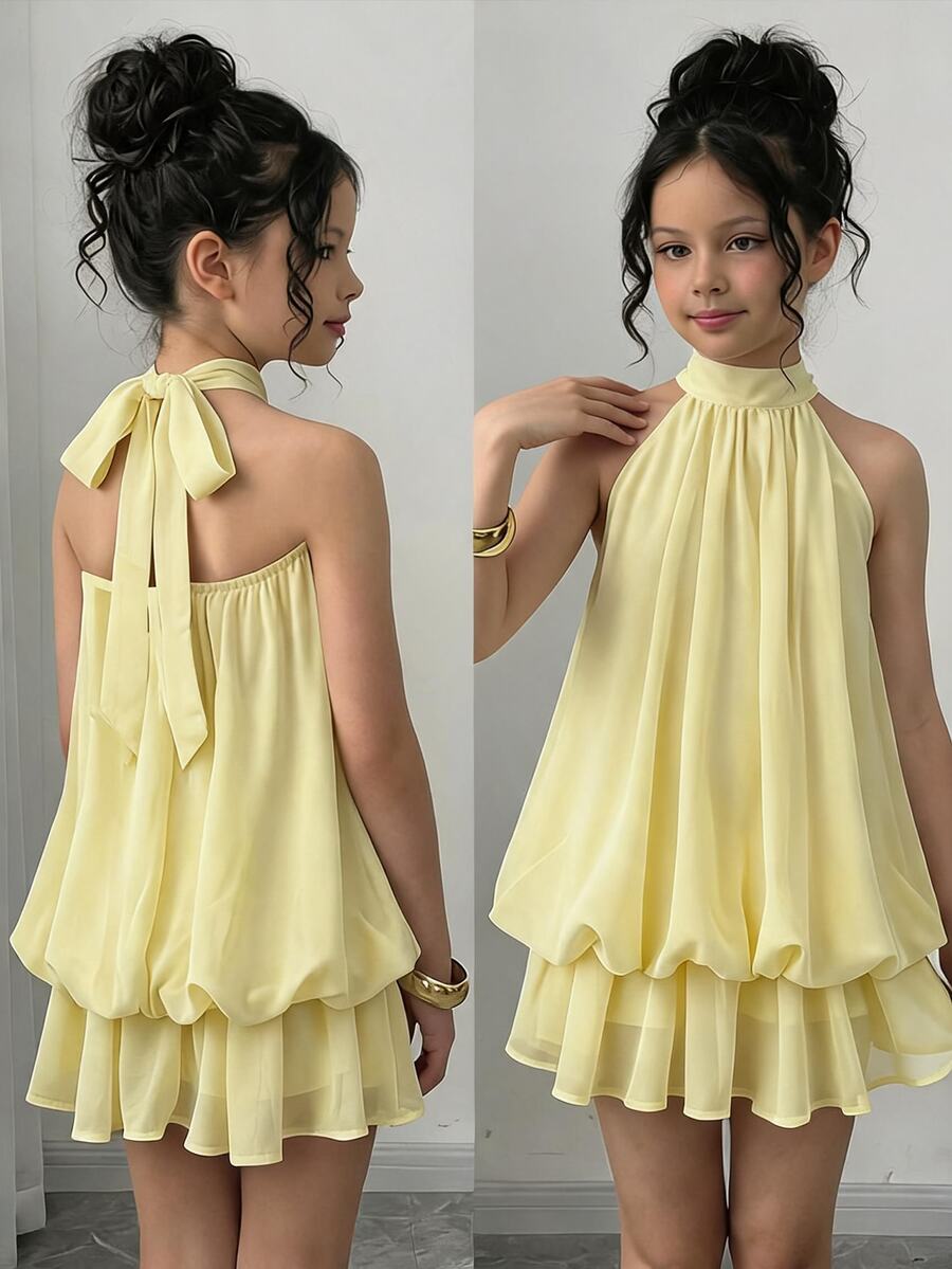 Firerie Kids Firerie Kids Tween Girl Solid Color Pleated Halter Neck Fashion Vacation Travel Dress - Yellow - View 1