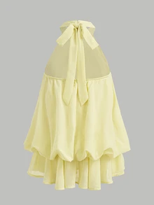 Firerie Kids Firerie Kids Tween Girl Solid Color Pleated Halter Neck Fashion Vacation Travel Dress - Yellow - View 5