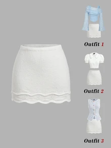 SHEIN MOD Women's Solid Color Casual Versatile Daily Wear Knitted Mini Skirt - White - View 1
