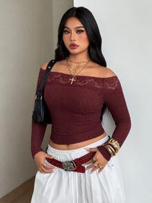 Coolane 女款大尺碼秋冬優雅正式基礎日常休閒紅色彈性舒適蕾絲拼接露肩長袖上衣萬聖節 - 酒紅色 - 查看 4