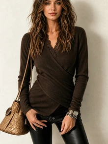 SHEIN Women Lace Trim Wrap V‑Neck Knit Sweater, Long Sleeve Side Ruched Asymmetric Hem Slim Fit Knit Top - Coffee Brown - View 7