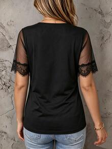 Glimmora Spring Summer Autumn New Short Sleeve Black Mesh Patchwork 2 In 1 Cuff Lace Trim V-Neck Fitted Casual Loungewear Plus Size Women's T-Shirt - Black - View 2