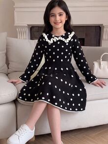 SHEIN 女童波點秋冬保暖內裡加厚簡約連身裙 - 黑與白 - 查看 3