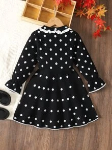 SHEIN 女童波點秋冬保暖內裡加厚簡約連身裙 - 黑與白 - 查看 4