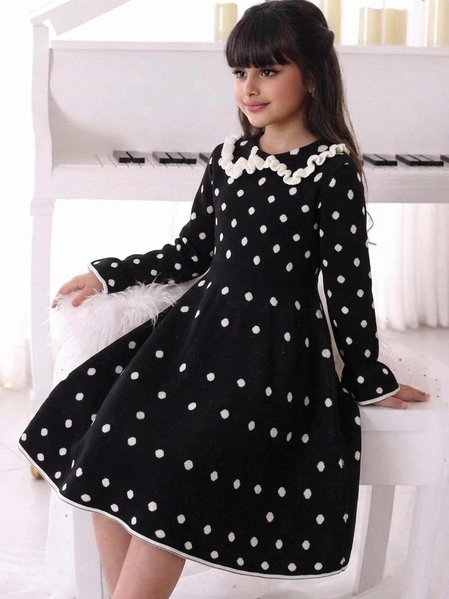 SHEIN 女童波點秋冬保暖內裡加厚簡約連身裙 - 黑與白 - 查看 1