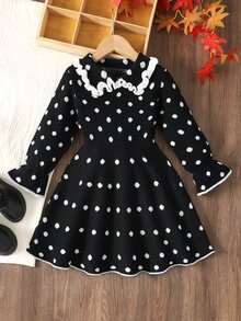 SHEIN 女童波點秋冬保暖內裡加厚簡約連身裙 - 黑與白 - 查看 6