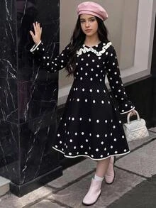 SHEIN 女童波點秋冬保暖內裡加厚簡約連身裙 - 黑與白 - 查看 7