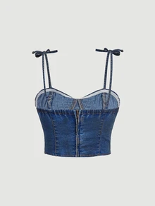 SHEIN Glamour 性感抓皺杯罩短版牛仔上衣 - 藍色 - 查看 6