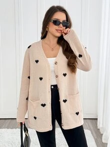 Easowa Curve Cardigan Rajut Kasual Lengan Panjang Bermotif Hati untuk Wanita Ukuran Plus - MultiWarna - View 1