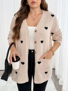 Easowa Curve Cardigan Rajut Kasual Lengan Panjang Bermotif Hati untuk Wanita Ukuran Plus - MultiWarna - View 3