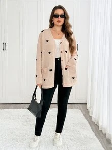 Easowa Curve Cardigan Rajut Kasual Lengan Panjang Bermotif Hati untuk Wanita Ukuran Plus - MultiWarna - View 6