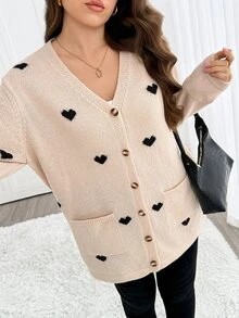 Easowa Curve Cardigan Rajut Kasual Lengan Panjang Bermotif Hati untuk Wanita Ukuran Plus - MultiWarna - View 4