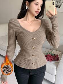 Feyla Women's Autumn/Winter Metal Button Design Long Sleeve Elegant Sweater - Khaki - View 1