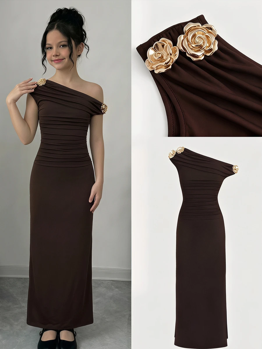 Firerie Kids Firerie Kids Tween Girl Brown Knit Casual Elegant Asymmetric Neck Metal Button Decor Ruched Waist Bodycon Maxi Dress, Suitable For Outings And Gatherings - Brown - View 1