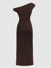 Firerie Kids Firerie Kids Tween Girl Brown Knit Casual Elegant Asymmetric Neck Metal Button Decor Ruched Waist Bodycon Maxi Dress, Suitable For Outings And Gatherings - Brown - View 6