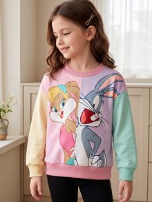LOONEY TUNES X SHEIN 1件少女休閒百搭彩色多巴胺卡通趣味圖案圓領寬鬆舒適長袖套頭運動衫，適合日常穿著、秋冬、室內、運動、攝影、假期、生日、開學季 - 彩色 - 查看 2