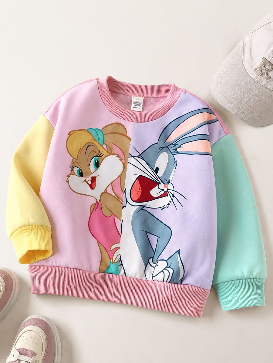 LOONEY TUNES X SHEIN 1件少女休閒百搭彩色多巴胺卡通趣味圖案圓領寬鬆舒適長袖套頭運動衫,適合日常穿著、秋冬、室內、運動、攝影、假期、生日、開學季 - 彩色 - 查看 1