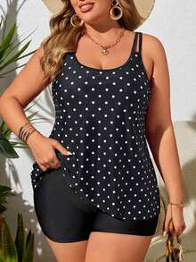 SHEIN Swim Curve 2026 大尺碼女款兩件套 黑白波點上衣搭配黑色高腰短褲，海灘派對度假夏季假期穿搭，1920年代 Flapper 風格 - 黑與白 - 查看 8