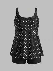SHEIN Swim Curve 2026 大尺碼女款兩件套 黑白波點上衣搭配黑色高腰短褲，海灘派對度假夏季假期穿搭，1920年代 Flapper 風格 - 黑與白 - 查看 7