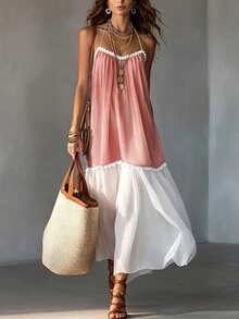 Glimmora Women's Summer New Flowy Vacation Chiffon Patchwork Contrast Color Halter V-Neck Lace Trim Backless Dress Beach White And Pink Tropical Boho - Watermelon Pink - View 3