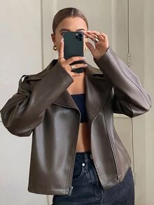 Livesso Petite Women's Solid Color PU Leather Fashion Versatile Long Sleeve Jacket - Brown - View 3