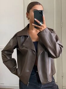 Livesso Petite Women's Solid Color PU Leather Fashion Versatile Long Sleeve Jacket - Brown - View 8