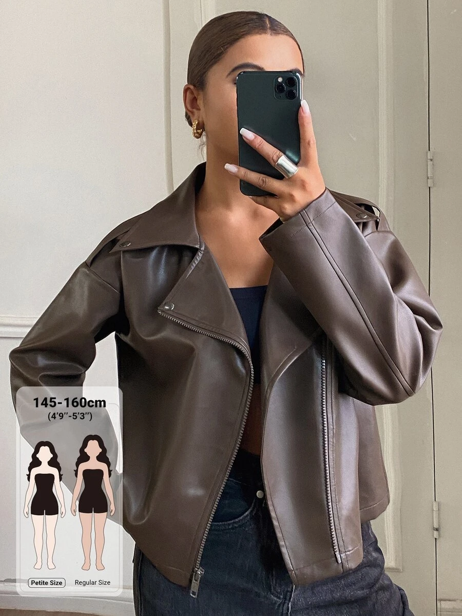 Livesso Petite Women's Solid Color PU Leather Fashion Versatile Long Sleeve Jacket - Brown - View 1