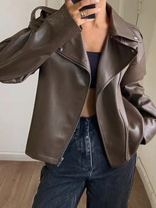 Livesso Petite Women's Solid Color PU Leather Fashion Versatile Long Sleeve Jacket - Brown - View 2