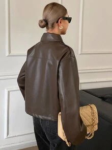 Livesso Petite Women's Solid Color PU Leather Fashion Versatile Long Sleeve Jacket - Brown - View 7
