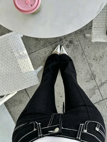 DAZY Celana Jeans Kasual Kancing untuk Wanita, Cocok untuk Pemakaian Sehari-hari - Hitam - View 6