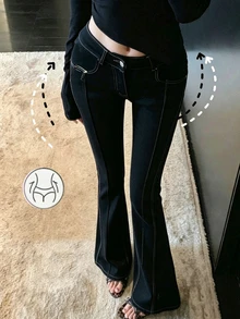 DAZY Celana Jeans Kasual Kancing untuk Wanita, Cocok untuk Pemakaian Sehari-hari - Hitam - View 3