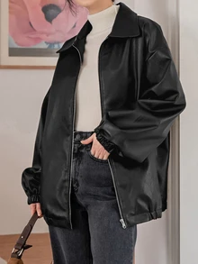 DAZY Women's Solid Color Zipper Casual Versatile Daily Travel Long Sleeve Jacket Fall - Black - View 5