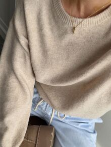 Livesso Petite Women's Solid Color Round Neck Drop Shoulder Long Sleeve Casual Sweater, Autumn/Winter - Khaki - View 7