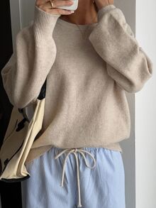 Livesso Petite Women's Solid Color Round Neck Drop Shoulder Long Sleeve Casual Sweater, Autumn/Winter - Khaki - View 3