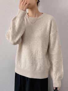Livesso Petite Women's Solid Color Round Neck Drop Shoulder Long Sleeve Casual Sweater, Autumn/Winter - Khaki - View 6