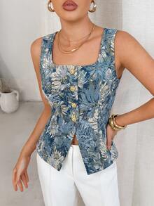 Lavishia Blue Floral Linen-Like Sleeveless Fitted Waist Shirt, Suitable For Daily Commute Brunch Tea Party And Work, Summer Top Vintage Elegant - Blue - View 2