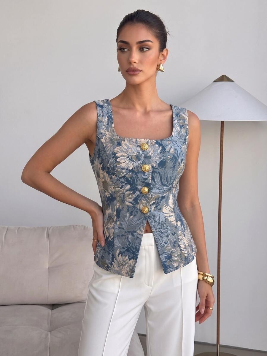 Lavishia Blue Floral Linen-Like Sleeveless Fitted Waist Shirt, Suitable For Daily Commute Brunch Tea Party And Work, Summer Top Vintage Elegant - Blue - View 1
