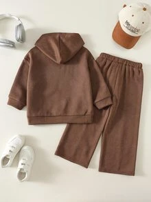 SHEIN 2件組兒童小男孩秋冬休閒卡其色連帽衛衣與寬腿長褲套裝，男孩連帽衛衣套裝 - 彩色 - 查看 3