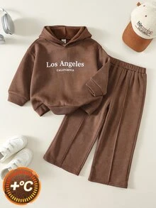 SHEIN 2件組兒童小男孩秋冬休閒卡其色連帽衛衣與寬腿長褲套裝，男孩連帽衛衣套裝 - 彩色 - 查看 2