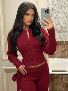 Aloruh Women's Winter Y2K Red Fashion Round Neck Button Front Long Sleeve Loose Top Tight Bottom Cardigan Sweater Warm - Red - View 3