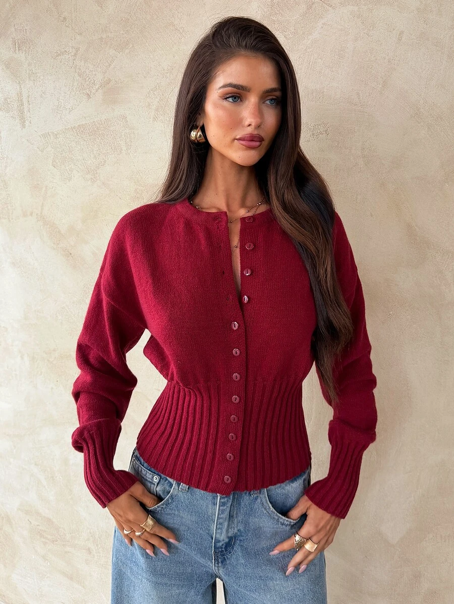 Aloruh Women's Winter Y2K Red Fashion Round Neck Button Front Long Sleeve Loose Top Tight Bottom Cardigan Sweater Warm - Red - View 1