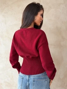 Aloruh Women's Winter Y2K Red Fashion Round Neck Button Front Long Sleeve Loose Top Tight Bottom Cardigan Sweater Warm - Red - View 2