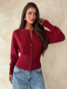 Aloruh Women's Winter Y2K Red Fashion Round Neck Button Front Long Sleeve Loose Top Tight Bottom Cardigan Sweater Warm - Red - View 4
