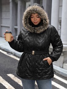 SHEIN LUNE Plus Size Women's Long Sleeve Zipper Front Patchwork Fur Collar Hooded Winter Jacket - Black - View 1