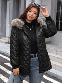 SHEIN LUNE Plus Size Women's Long Sleeve Zipper Front Patchwork Fur Collar Hooded Winter Jacket - Black - View 3